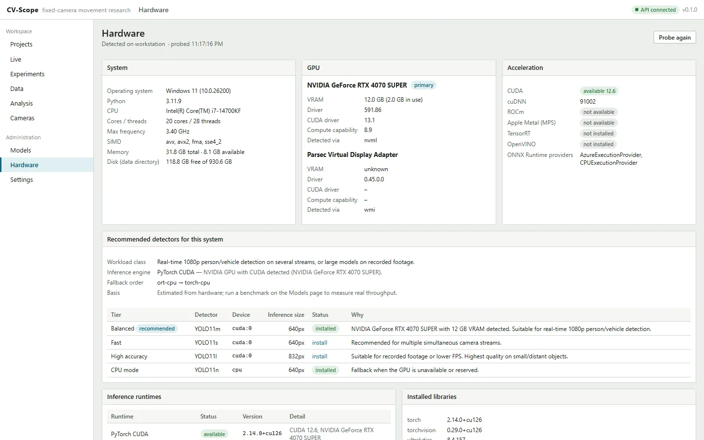 Hardware page listing the operating system, CPU, memory, an NVIDIA RTX 4070 SUPER, CUDA availability and recommended detectors per tier