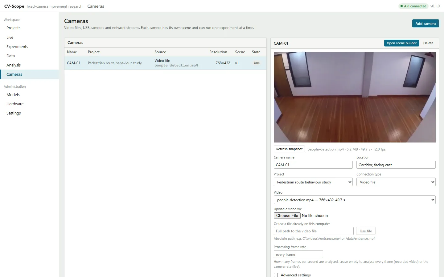 Cameras page with a video file registered as CAM-01, its snapshot, resolution, frame rate and connection settings