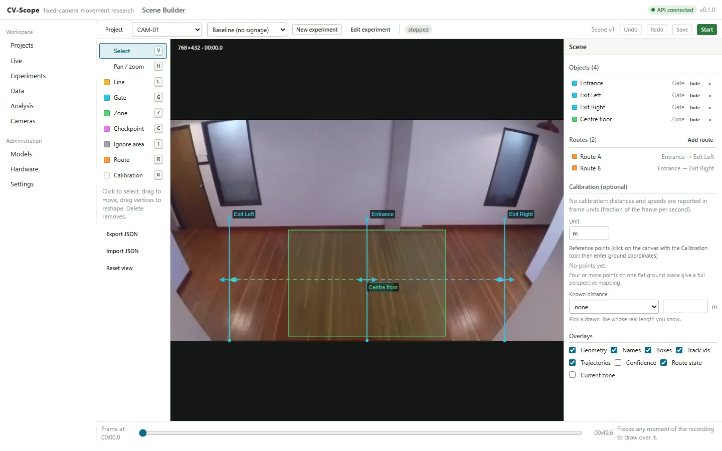 Scene Builder with Entrance, Exit Left and Exit Right gates, a Centre floor zone and two routes drawn over a corridor video frame
