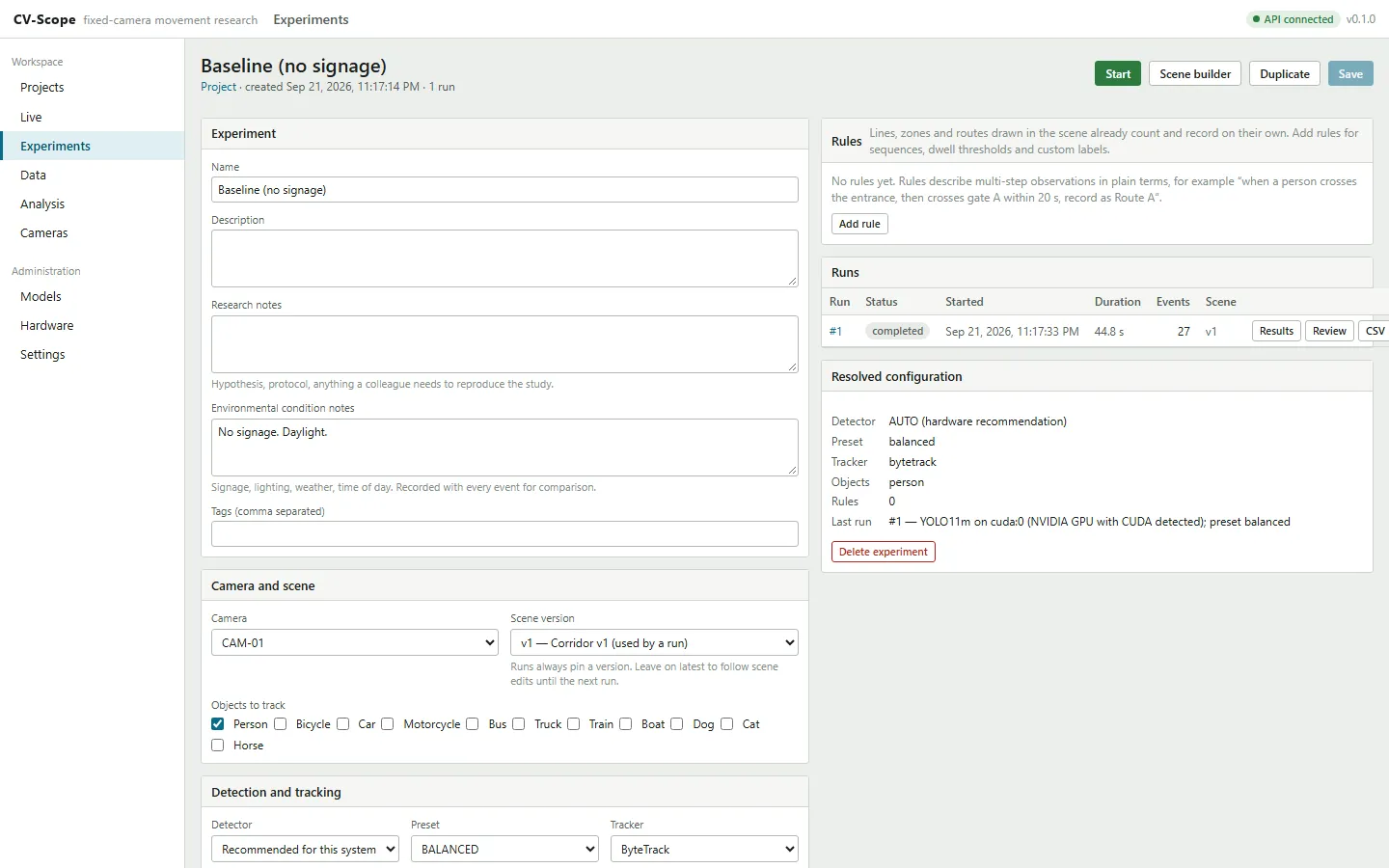Experiment page with name, research notes, condition notes, camera, scene version, objects to track, detector, preset and tracker
